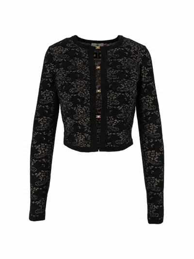 Elisabetta Franchi Lace Pattern Cropped Knit Top In Black