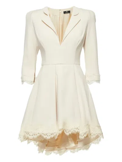 Pre-owned Elisabetta Franchi Lace-trim Mini Dress In Neutral