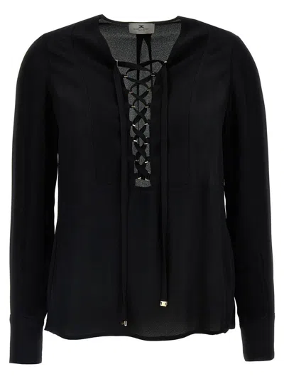 Elisabetta Franchi Lace-up Georgette Blouse In Black