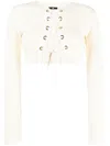 Elisabetta Franchi Lace-up Cropped Cardigan In Nude