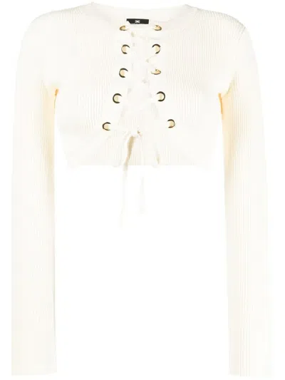 Elisabetta Franchi Lace-up Cropped Cardigan In Nude