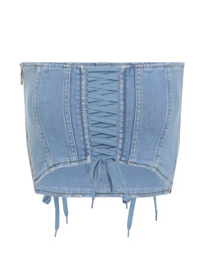 Elisabetta Franchi Denim Strapless Lace-up Cropped Bustier Top In Blue