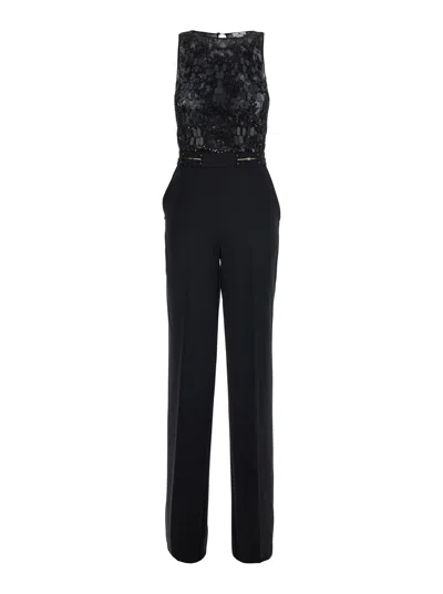 Elisabetta Franchi Lace-embroidered Stretch Jumpsuit In Black