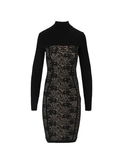 Elisabetta Franchi Lace-panelled High-neck Mini Dress In Black