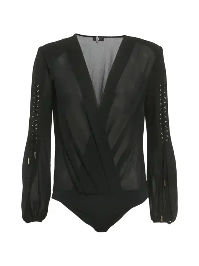 Pre-owned Elisabetta Franchi Lace-up Sheer Long-sleeved Bodysuit In Black