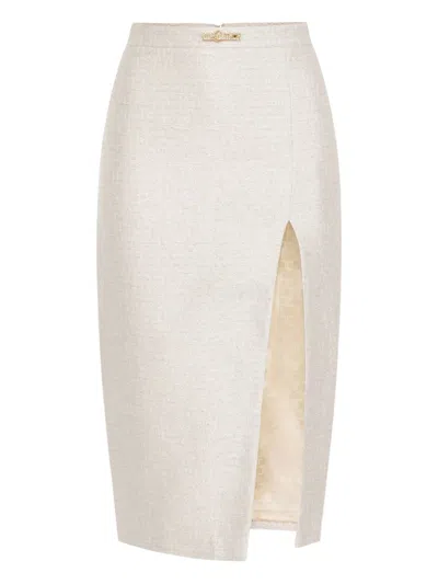 Elisabetta Franchi Lamé Tweed Split Midi Skirt In White