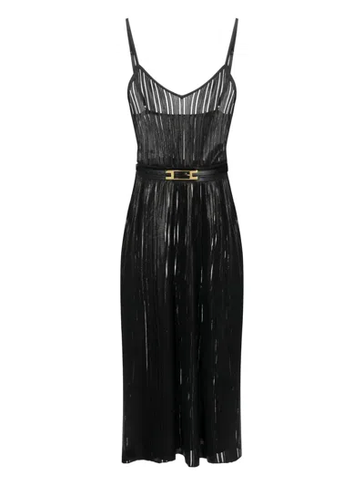 Elisabetta Franchi Laminated Ribbed Midi Dress In Black