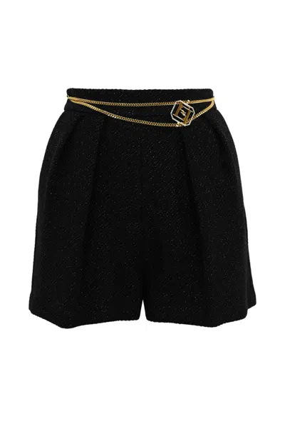 Elisabetta Franchi Laminated Tweed Shorts With Logo Accessory In Nero