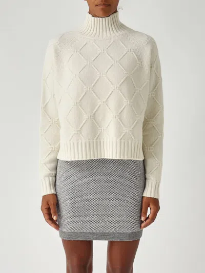 Elisabetta Franchi White Knit Sweater With High Neck And Ribbed Trims In Wool And Cahmere Woman In Neutral