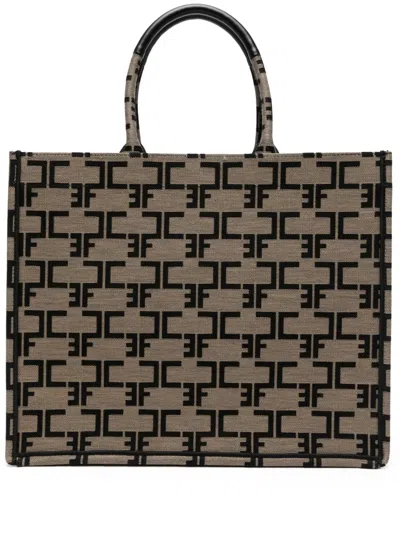 Elisabetta Franchi Large Monogram-jacquard Tote Bag In Neutrals