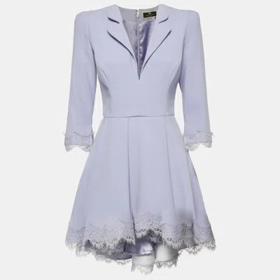 Pre-owned Elisabetta Franchi Lavender Crepe Lace Trim Flared Mini Dress M In Purple