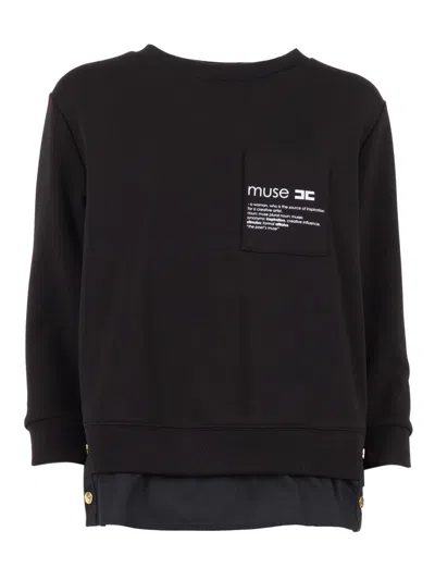 Elisabetta Franchi Layered Cotton Blend Top With Gold Accents In Black