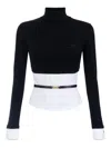 Elisabetta Franchi Turtleneck Top With Contrasting Poplin Insert And Logo Buckle In Black