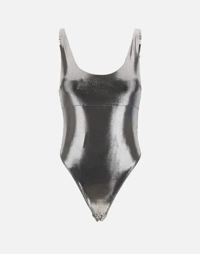 Elisabetta Franchi Lead Colored Metallic Events Bodysuit With Front Logo