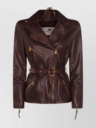 ELISABETTA FRANCHI LEATHER BELTED WAIST JACKET WITH GOLD-TONE HARDWARE