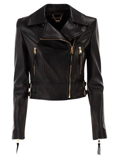 Elisabetta Franchi Classic Leather Biker Jacket With Structured Shoulders In Black