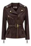 Elisabetta Franchi Fitted Leather Jacket With Belted Waist And Gold Hardware In Brown