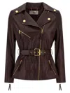 Elisabetta Franchi Fitted Leather Jacket With Belted Waist And Gold Hardware In Brown