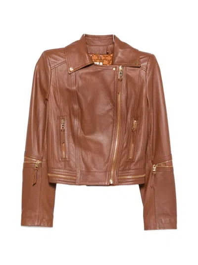 Elisabetta Franchi Leather Biker Jacket In Brown