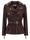 Elisabetta Franchi Fitted Leather Jacket With Belted Waist And Gold Hardware In Brown