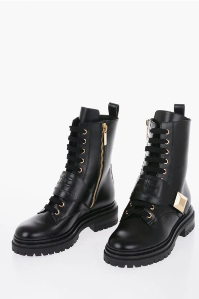 Elisabetta Franchi Leather Combat Booties With Logoed Ankle Strap In Black