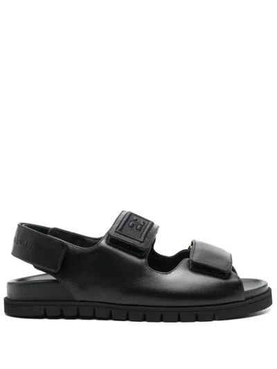 Elisabetta Franchi Leather Flat Sandals In Black