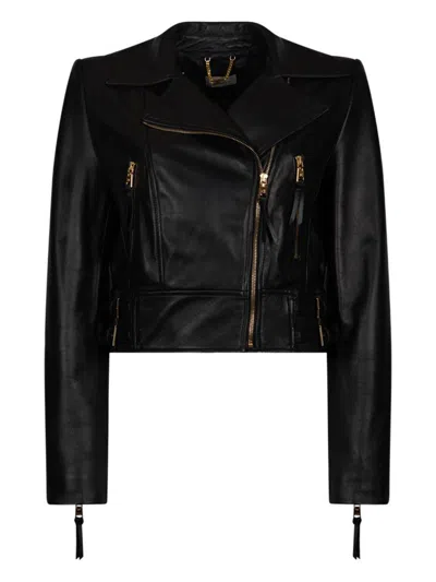 Elisabetta Franchi Classic Leather Biker Jacket With Structured Shoulders In Black