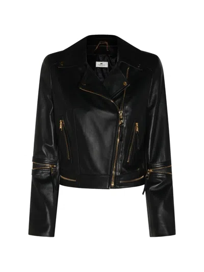 Elisabetta Franchi Cropped Leather Jacket With Asymmetrical Closure And Gold-tone Hardware In Black