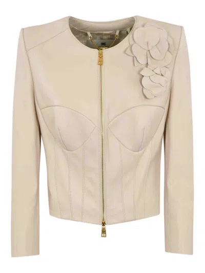 ELISABETTA FRANCHI LEATHER JACKET WITH FLORAL APPLICATIONS