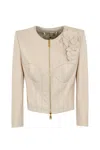 Elisabetta Franchi Leather Jacket With Floral Applications In Burro