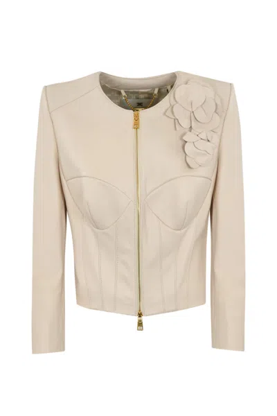 ELISABETTA FRANCHI LEATHER JACKET WITH FLORAL APPLICATIONS