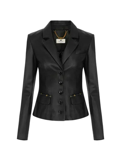 Elisabetta Franchi Leather Jacket With Logo Details In Black