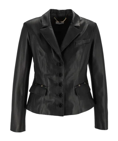 Elisabetta Franchi Leather Jacket With Logo Details In Black