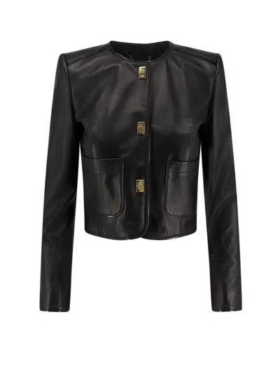 ELISABETTA FRANCHI LEATHER JACKET WITH MONOGRAM METAL DETAILS