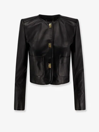 Elisabetta Franchi Leather Jacket With Monogram Metal Details In Black