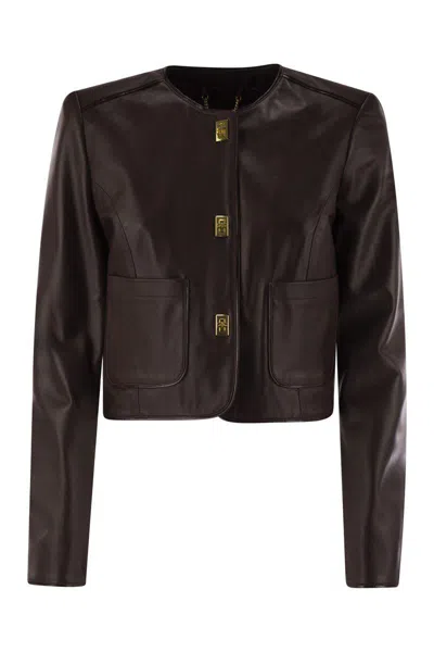 Elisabetta Franchi Leather Jacket With Vinyl Details In Brown