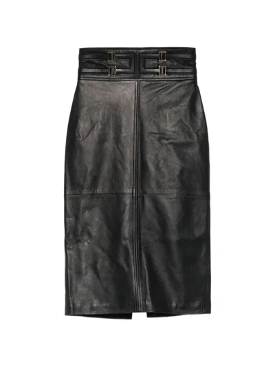 Elisabetta Franchi Leather Midi Skirt In Black