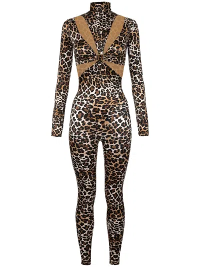 Elisabetta Franchi Leopard-print Cut-out Jumpsuit In Brown