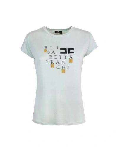 Elisabetta Franchi T-shirt Celeste Con Logo E Applicazioni In Bv9acqua