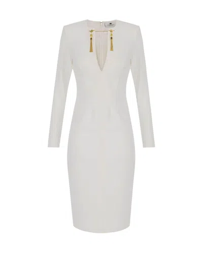 Elisabetta Franchi Light Crepe Dress With Ivory Jewel Chain In White