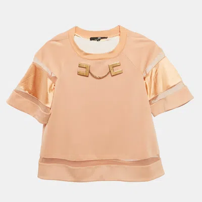 Pre-owned Elisabetta Franchi Light Orange Logo Plaque Tulle Trim Jersey Top S