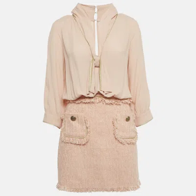 Pre-owned Elisabetta Franchi Light Orange/ Peach Crepe And Tweed Detachable Blouse Mini Dress M