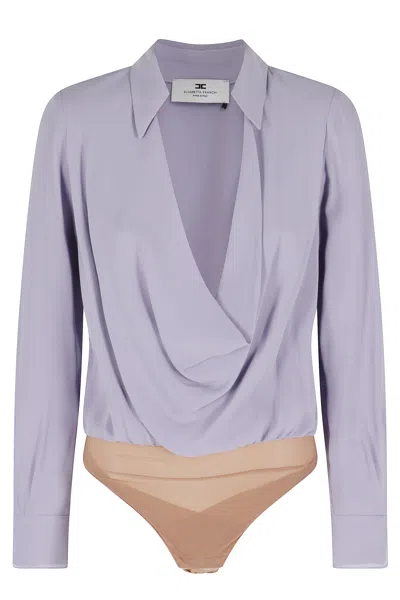 Elisabetta Franchi Lilac Organza-inserts Padded-shoulders Viscose Bodysuit In Purple
