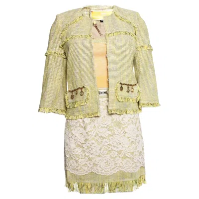 Pre-owned Elisabetta Franchi , Lime Colored Boucle Suit In Sand