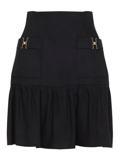 Elisabetta Franchi Flared Black Linen Skirt With Logo Accents In Gray