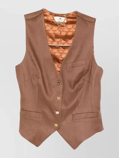 Elisabetta Franchi Linen Blend Tailored Vest V Neckline In Brown