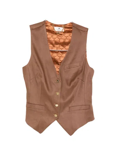 Elisabetta Franchi Linen Blend Tailored Vest V Neckline In Brown