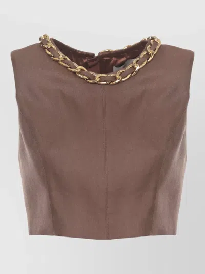 Elisabetta Franchi Linen Cropped Top Chain Detail Sleeveless In Gray