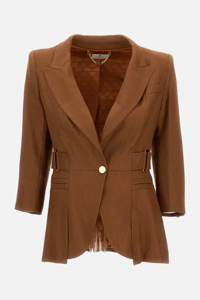 Elisabetta Franchi Linen-blend Jacket In Brown