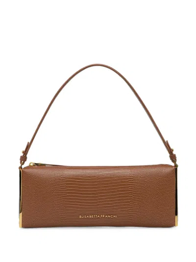 Elisabetta Franchi Lizard-effect Metal-trimmed Clutch Bag In Brown
